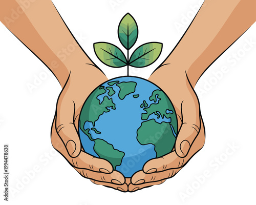 Hands gently cradling planet Earth with a vibrant green sprout emerging from atop, symbolizing environmental care, conservation, sustainability, growth, hope, and nurturing future life; ideal for ecol