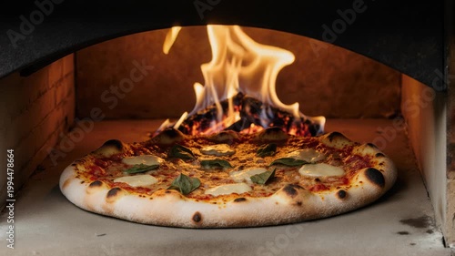 Artisanal italian pizza baking inside a traditional wood-fired stone oven