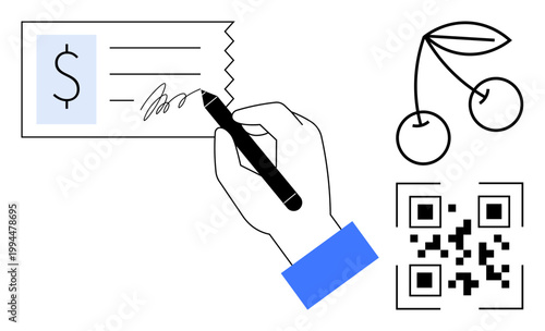 Finance, digital payment, authentication, e-commerce, technology, transactions. Hand signing a check, QR code and cherry icon. Finance and digital payment concepts for modern transactions