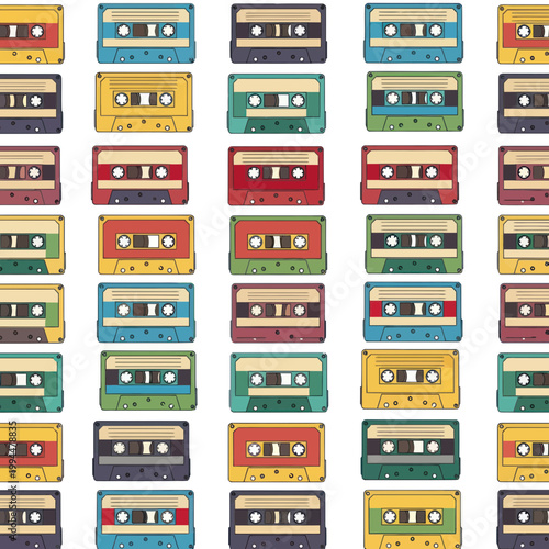 Retro Cassette Tapes Pattern, Vintage Music Background, Colorful Audio Tapes