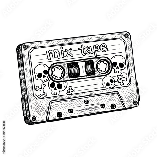 Retro Mix Tape with Skulls and Crossbones - Hand-Drawn Style