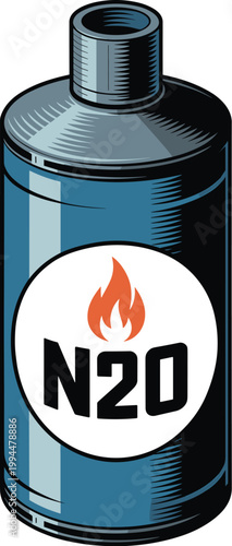 Nitrous Oxide Cylinder N2O Gas Tank Icon with Flame Symbol, Industrial Supply for Automotive Performance Tuning or Whipped Cream Dispenser, Scientific Chemistry Element, Safety Hazard Warning, Modern