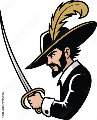Aggressive Musketeer Warrior with Sword Ready for Battle, Dressed in Period Costume with Feathered Hat, Vector Illustration for Historical Reenactment, Fantasy Combat and Gaming, Vintage Military Masc