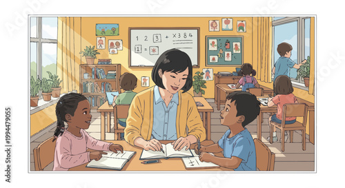Diverse classroom with teacher helping students learn math and reading
