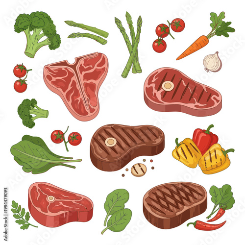 Fresh Raw Meat Steaks and Vegetables Assortment, Healthy Food Illustration