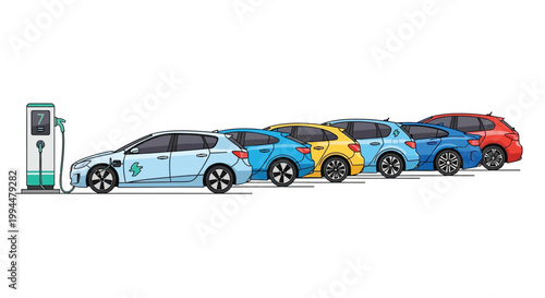 Diverse electric cars lined up at a modern charging station showcasing a clean energy future and sustainable transportation options for eco conscious consumers