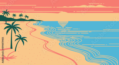 Coastal beach scene with palm trees and sunset over the ocean waters