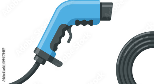 Close up of a blue electric vehicle charging connector and coiled black cable against a clean white background symbolizing sustainable energy and modern transportation technology