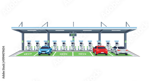 Modern electric vehicle charging station with multiple charging ports and cars plugged in under a canopy illustrating sustainable transportation and future energy solutions