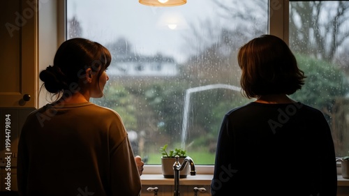 Two Women Observing Rainy Day Through Kitchen Window in Cozy Domestic Setting