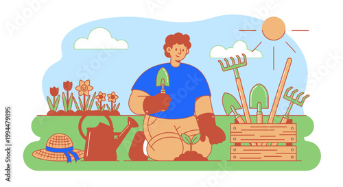 Gardener with tools tending plant in outdoor setting illustration