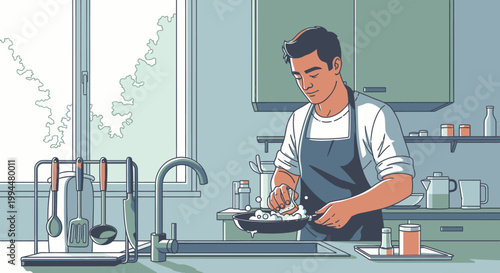 Man cooking food in kitchen illustration indoor scene colorful copy space