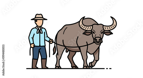 Man leading a buffalo illustration against a white background
