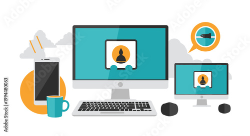Modern devices illustration computers phone cup and icon in a flat design
