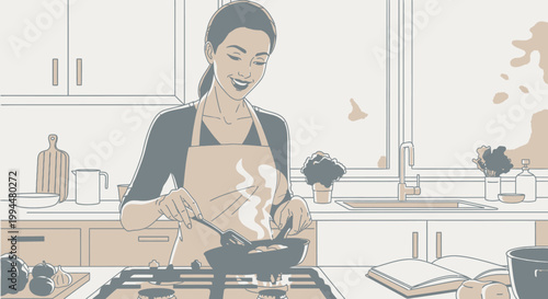 Woman cooking food in kitchen illustration culinary activity concept