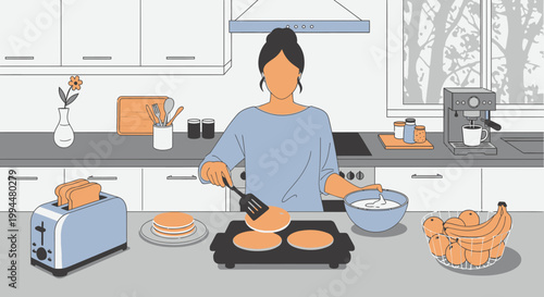 Woman cooking pancakes in modern kitchen with appliance and food items