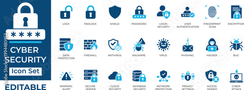 Cyber security and data protection vector icon set. Editable blue icons for firewall, antivirus, privacy, hacking, and cloud security concepts in web design.