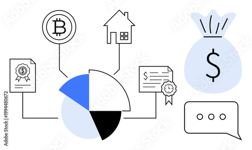 Cryptocurrency, investment planning, financial growth, real estate, digital economy, savings management. Pie chart linked to Bitcoin, house, financial certificates money bag and speech bubble