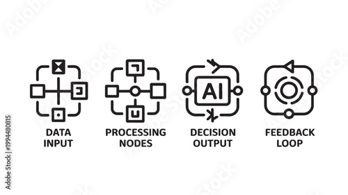 AI Workflow Icon Set for Data Input Processing Decision and Feedback Systems in Technical Diagrams