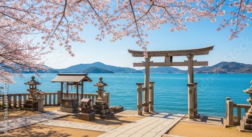 Serene Japanese shrine by the sea framed with cherry blossoms, peaceful torii gate, distant mountains, and clear blue water under bright springtime skies

