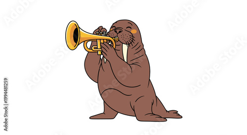 Cartoon walrus playing trumpet on white background musical performance