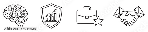 Minimalist linear business icons including brain gears shield and briefcase.