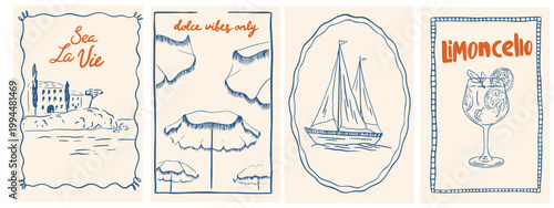 Hand drawn Italian summer vacation posters. Amalfi or Sicily of postage stamps with limoncello, yacht, landscape, beach umbrellas. Vector coastal holiday frames for invitations, cards, placard
