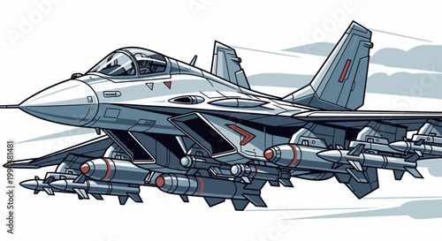 Modern jet fighter aircraft in flight against cloudy sky illustration