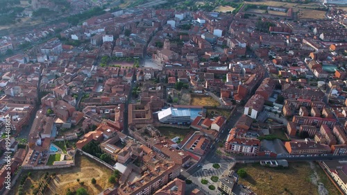 A panoramic aerial view of the old town and city Medina del Campo in the country of spain on a sunny summer noon.