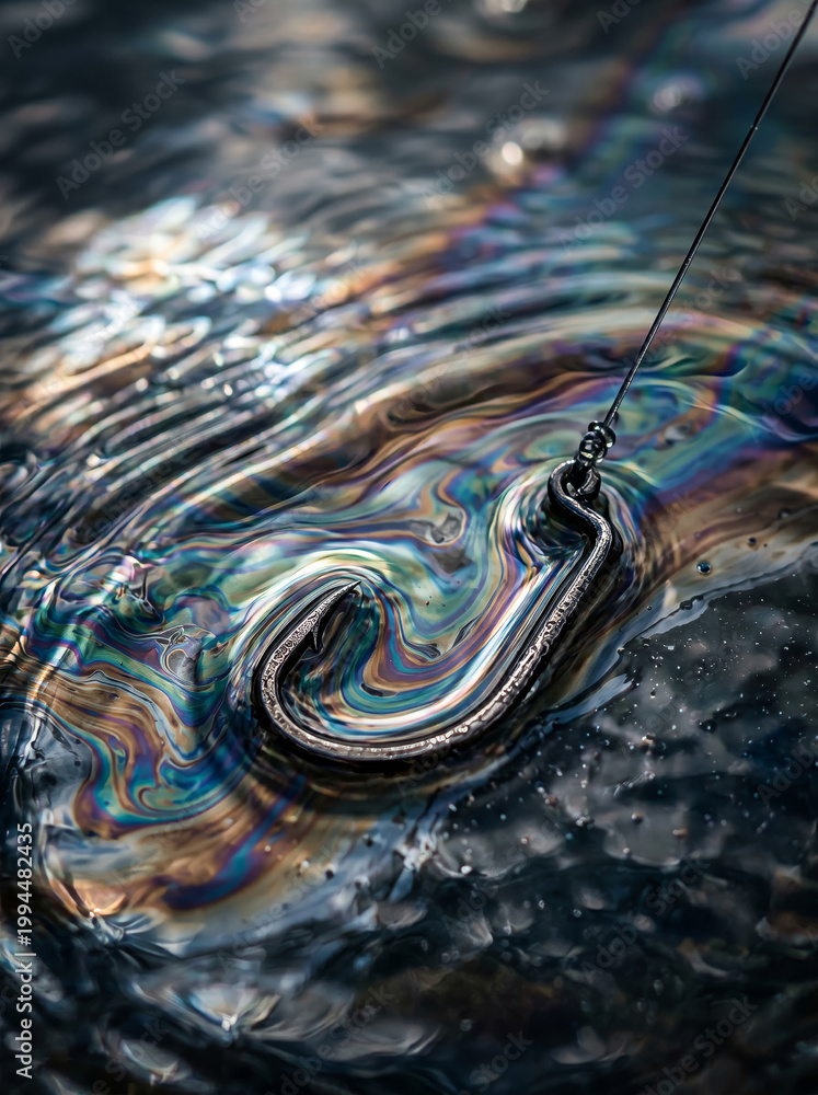 Fototapeta premium Close up of a fishing hook in water with iridescent oily surface
