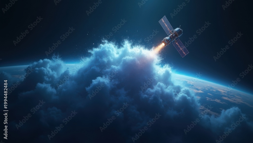 Obraz premium Nube abstracta de datos que se forma alrededor de un satélite, simbolizando la distribución de información