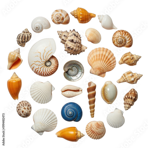 Assorted seashells arranged in a circular pattern with varied colors and sizes.