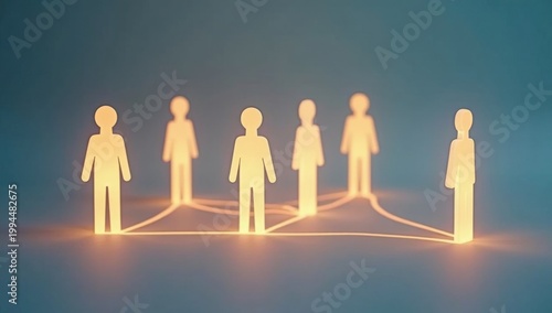 Figuras de palitos brillantes conectadas por líneas finas, colores pastel suaves, composición simple