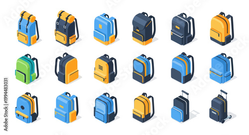 Collection of Isometric Backpacks and Luggage, Various Styles and Colors