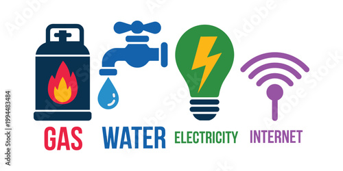Colorful for gas water electricity and internet utilities utility colorful vector illustration isolated on white background