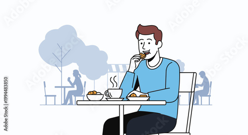 Man eating at outdoor cafe table.