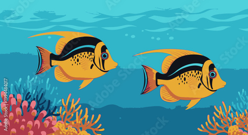 Two Yellow Fish Swimming Together Underwater.