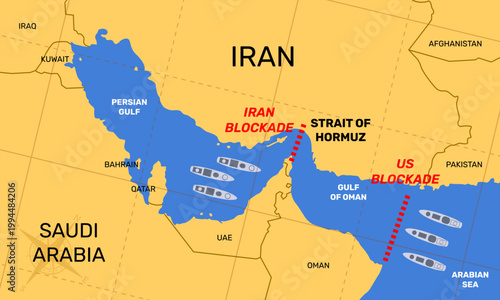Vector Illustration of Strait of Hormuz Blockade by Iranian and US Warships