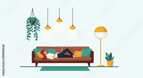 A woman relaxes on a brown sofa reading a book in a brightly lit plant filled living room
