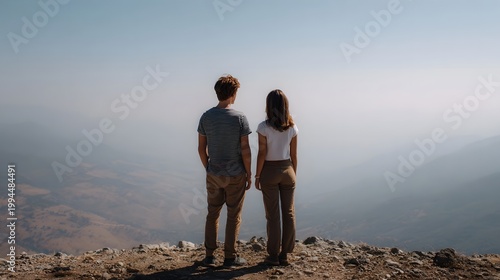A couple stands on a high vantage point overlooking a vast hazy panorama of distant mountains and rolling hills