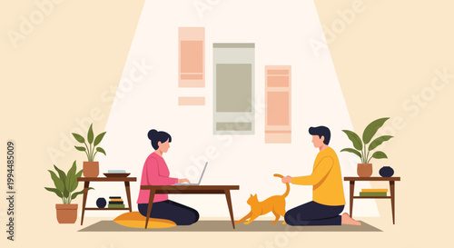 A woman relaxes on a sofa using a laptop with plants and lamps creating a cozy interior scene