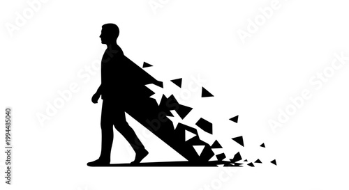 Silhouette of a person breaking apart into geometric shapes, abstract concept of fragmentation