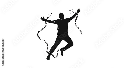 Silhouette of a man in dynamic pose with breaking chains, black and white illustration