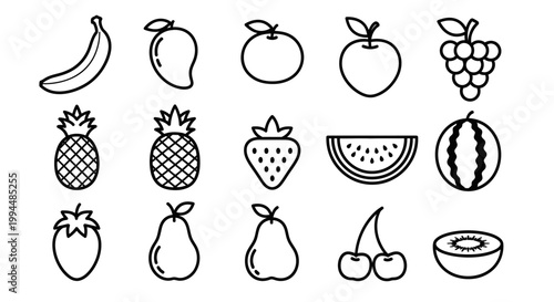 Minimalist fruit illustrations banana mango apple grapes and more