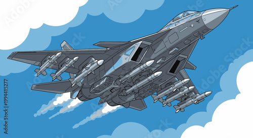 Modern jet fighter aircraft flying in sky with weapons and vapor trail