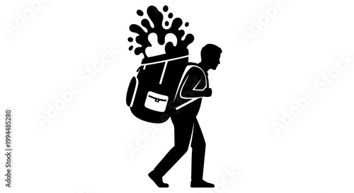 Silhouette of a hiker with a backpack and a vase of flowers, minimalist illustration