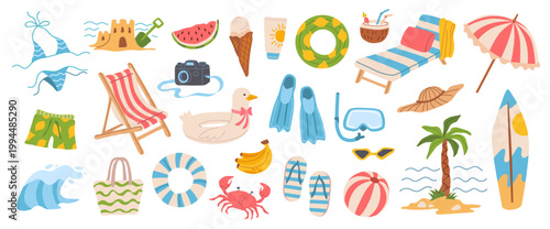 Colorful summer beach stickers set. Cartoon flat ocean vacation items swim ring, surfboard, chair, bikini, flip flops and umbrella. Relaxing beach accessories vector illustration