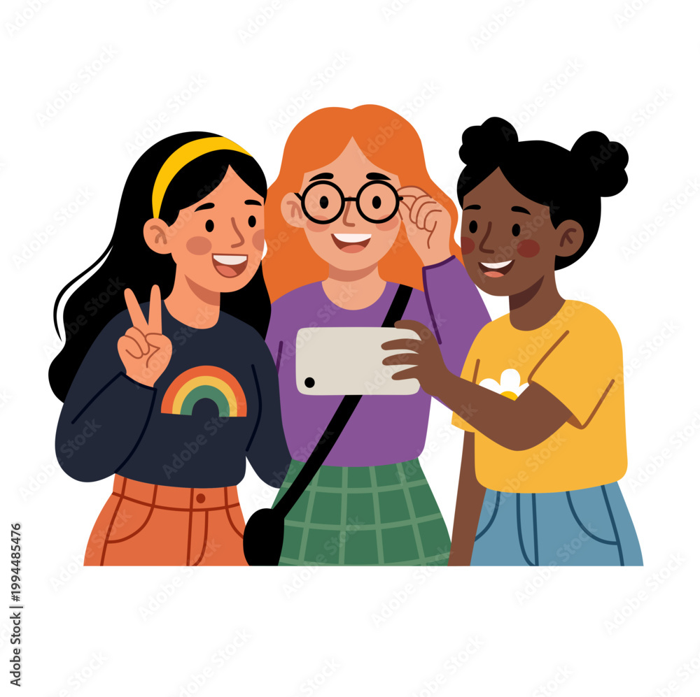 Obraz premium Diverse women friends taking selfie together flat design vector illustration