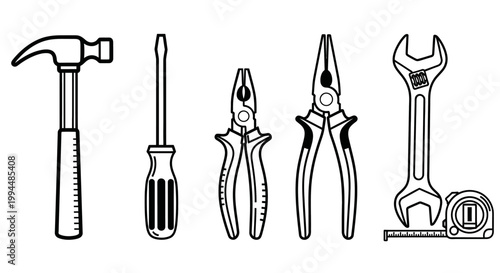 Set of hand tools hammer screwdriver pliers adjustable wrench and tape measure