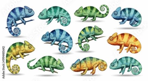 Collection of Colorful Chameleons on Branches, Diverse Reptile Set